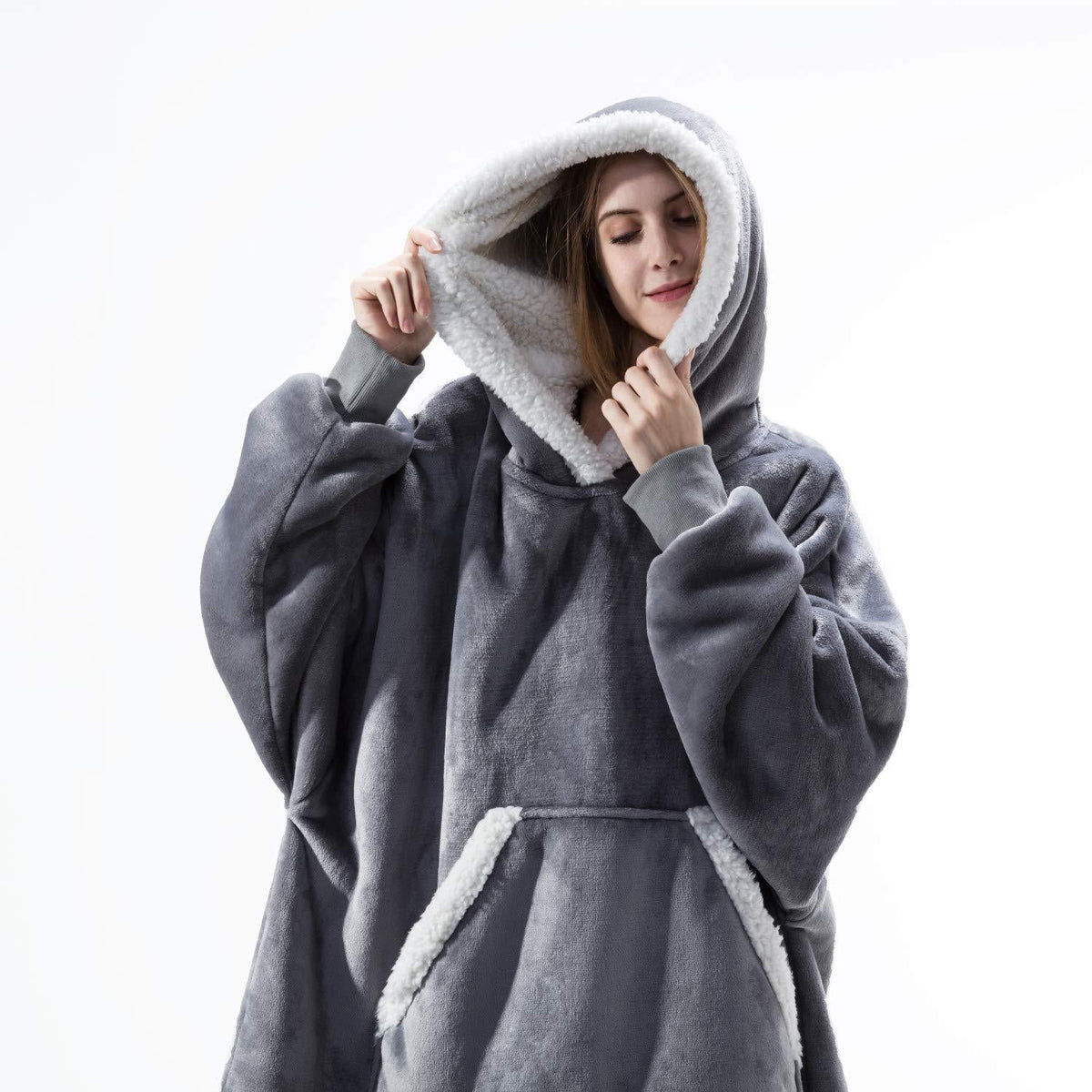 Gray wearable blanket hoodie with hood and kangaroo pocket, white sherpa trim