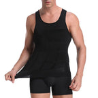 Men's compression tank undershirt, black sleeveless; close front view