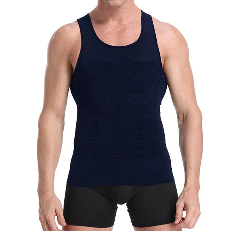 Men's compression undershirt, sleeveless dark blue fitted tank style with racerback