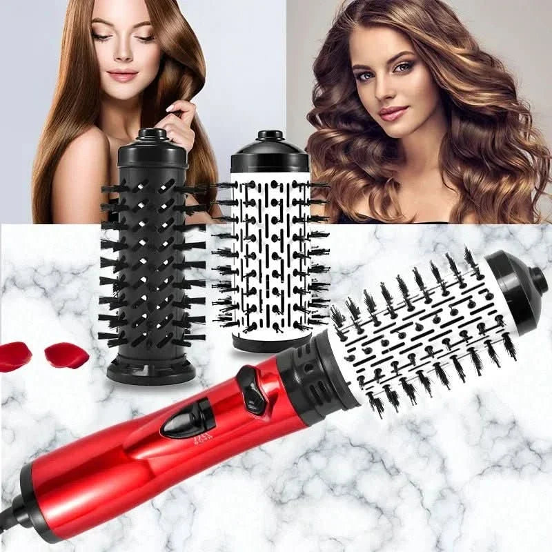 3-in-1 hot air hair brush dryer with red handle and multiple rotating brush heads