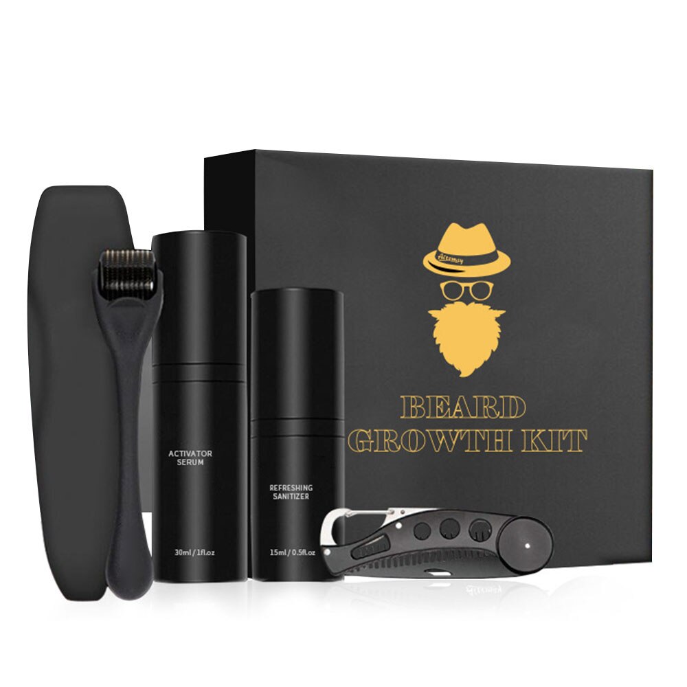 Beard growth kit with derma roller, serum bottle, and refreshing sanitizer spray