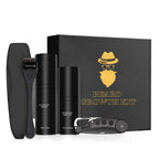 Beard growth kit with derma roller, serum bottle, and refreshing sanitizer spray