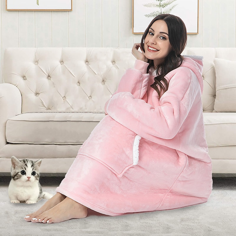 Pink wearable blanket hoodie blanket style with hood and kangaroo pocket