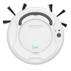 Robot vacuum cleaner with mop, white top view showing side brushes and circular docking panel.