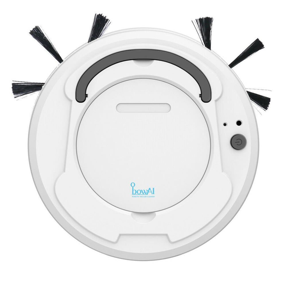Robot vacuum cleaner with mop, white top view showing side brushes and circular docking panel.