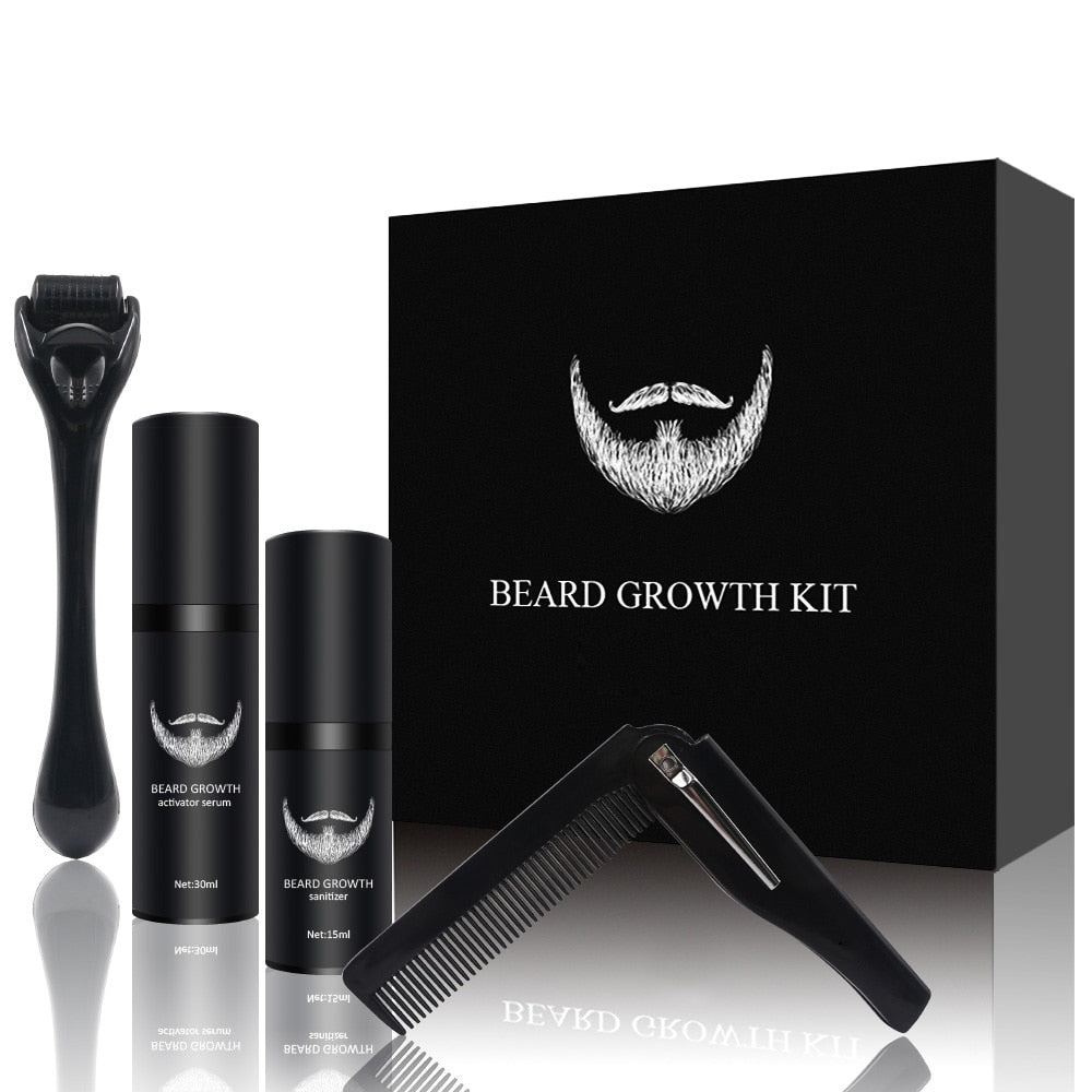 Beard growth grooming kit with derma roller, serum bottles, and grooming comb