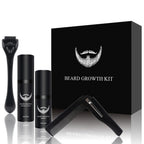 Beard growth grooming kit with derma roller, serum bottles, and grooming comb