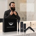 Men's beard growth kit set with derma roller, serum bottles, cleaning spray & comb
