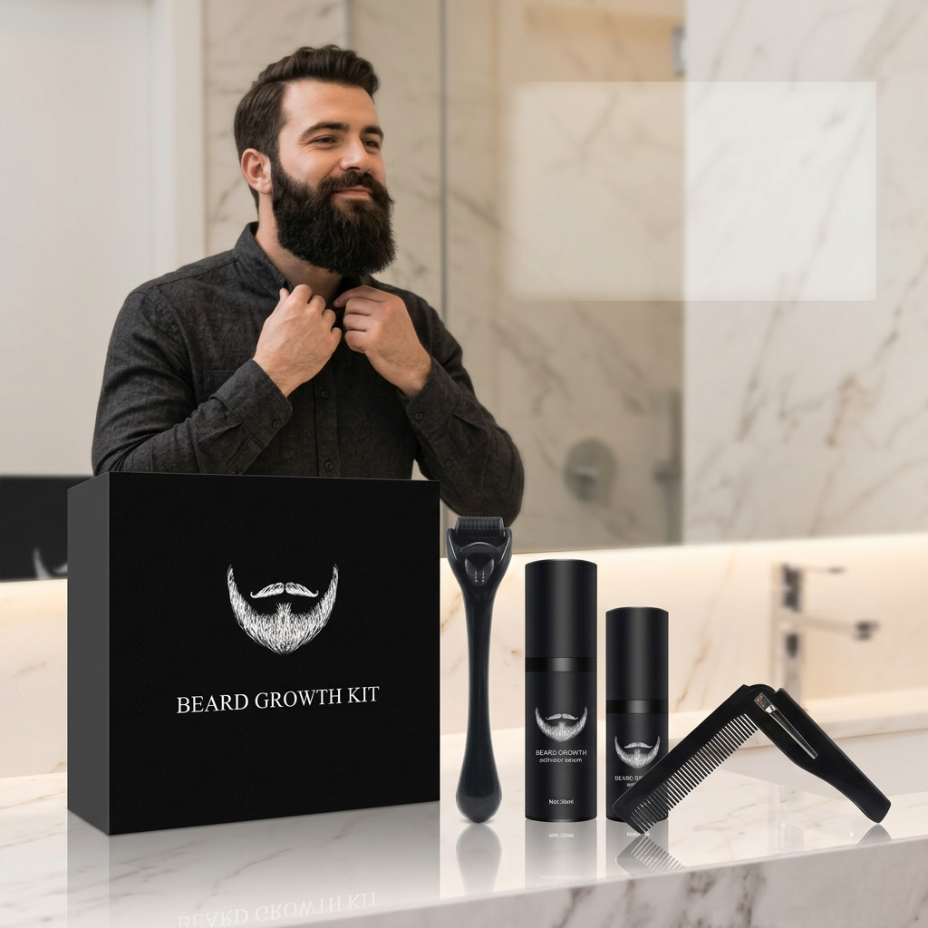 Men's beard growth kit set with derma roller, serum bottles, cleaning spray & comb