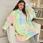 Oversized rainbow fleece wearable blanket hoodie with hood and kangaroo pocket, pastel tie-dye.