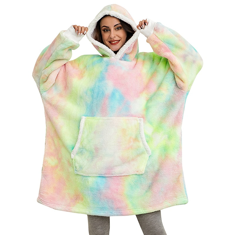 Pastel rainbow tie-dye wearable blanket hoodie with hood and kangaroo pocket