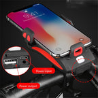 Red bike phone mount with power bank charging ports and dual LED bike lights