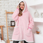 Pink wearable blanket hoodie with hood and kangaroo pocket, sherpa trim cuffs