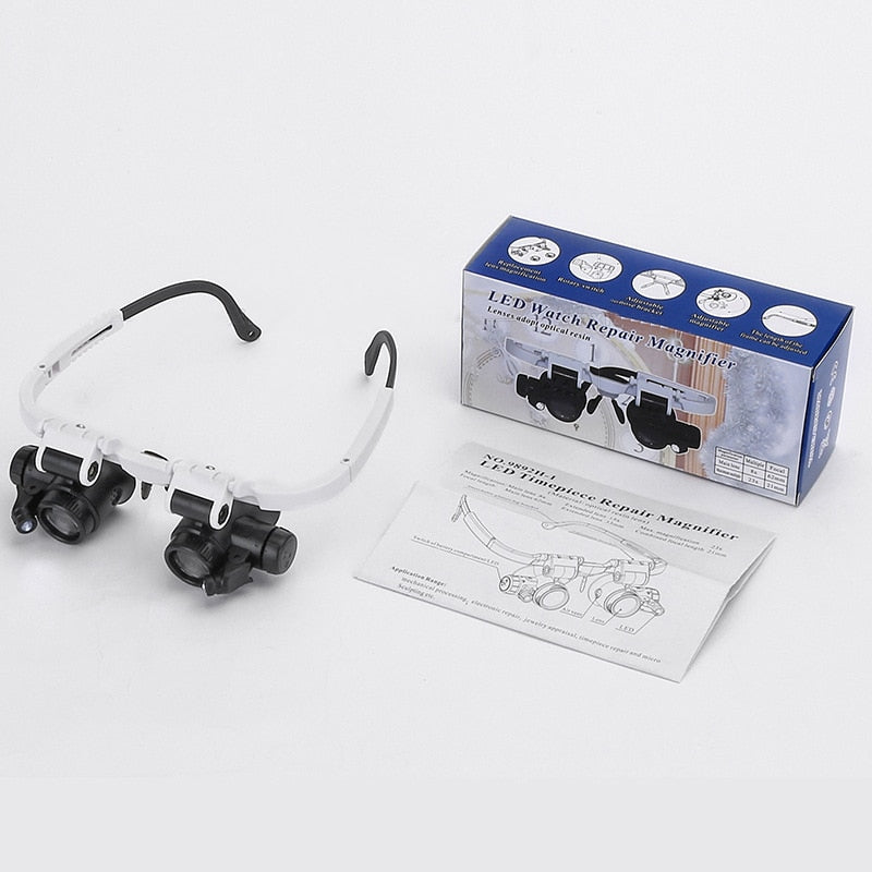LED head magnifier glasses with box and instruction manual