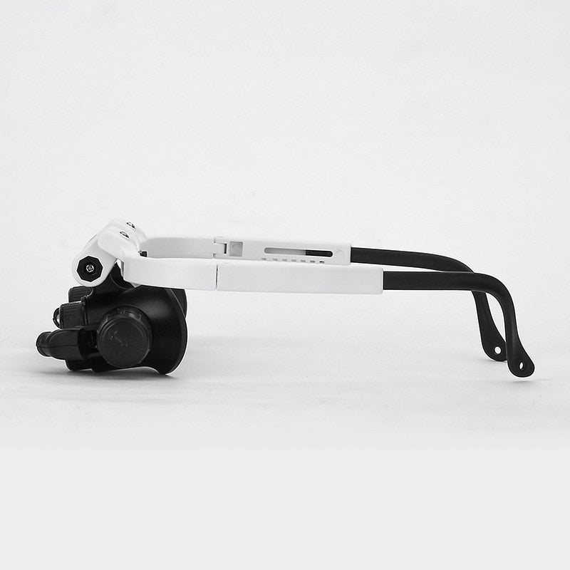 LED head magnifier glasses with white frame, black side lenses, and adjustable arms
