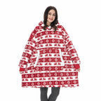 Red and white reindeer print oversized wearable blanket hoodie with hood pocket