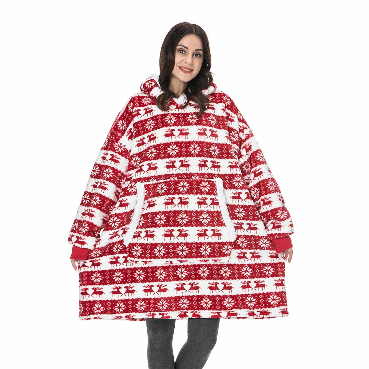 Red and white reindeer print oversized wearable blanket hoodie with hood pocket