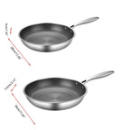 Non-stick stainless frying pan with honeycomb interior and measurement labels