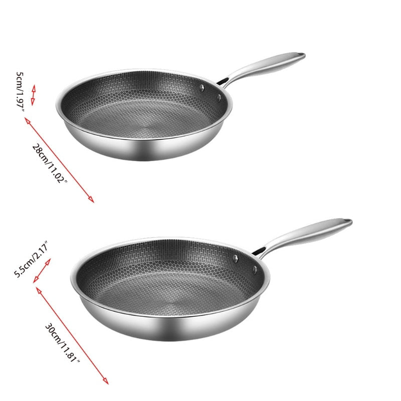 Non-stick stainless frying pan with honeycomb interior and measurement labels