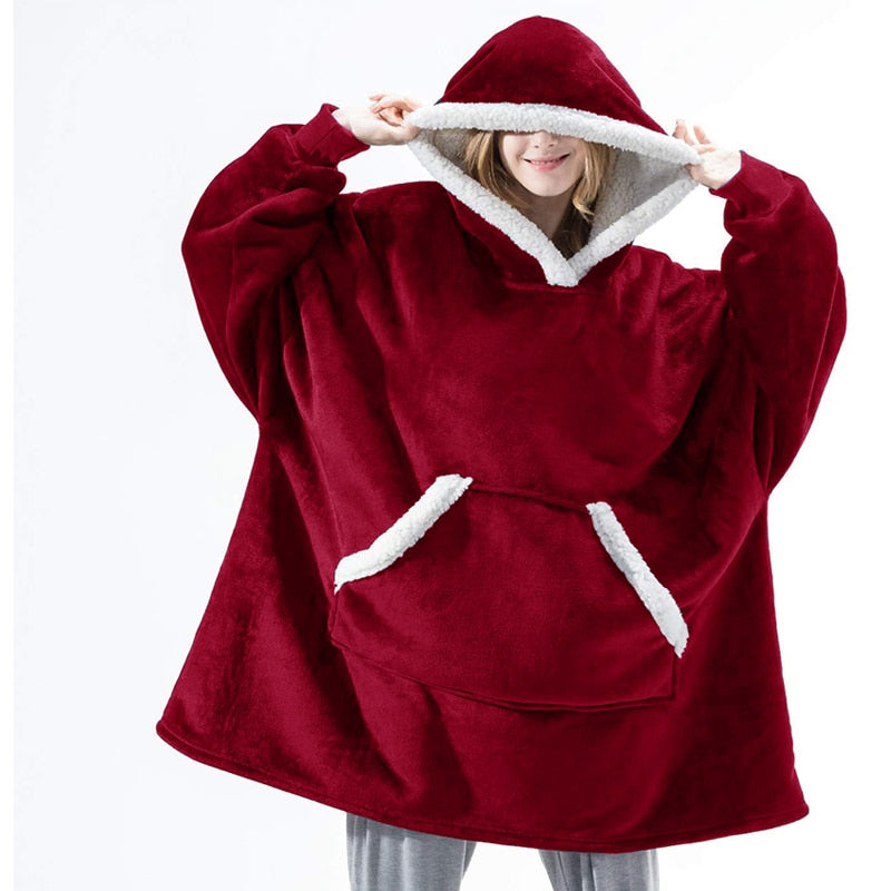 Burgundy red wearable blanket hoodie with hood and kangaroo pocket, white sherpa trim
