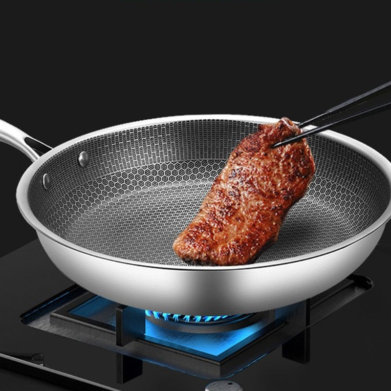 Non-stick stainless steel frying pan with honeycomb textured interior and side handles