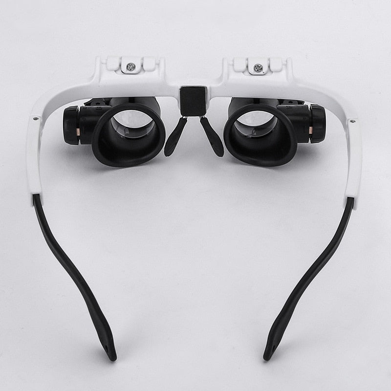 LED head magnifier glasses with white headband and two black lens units