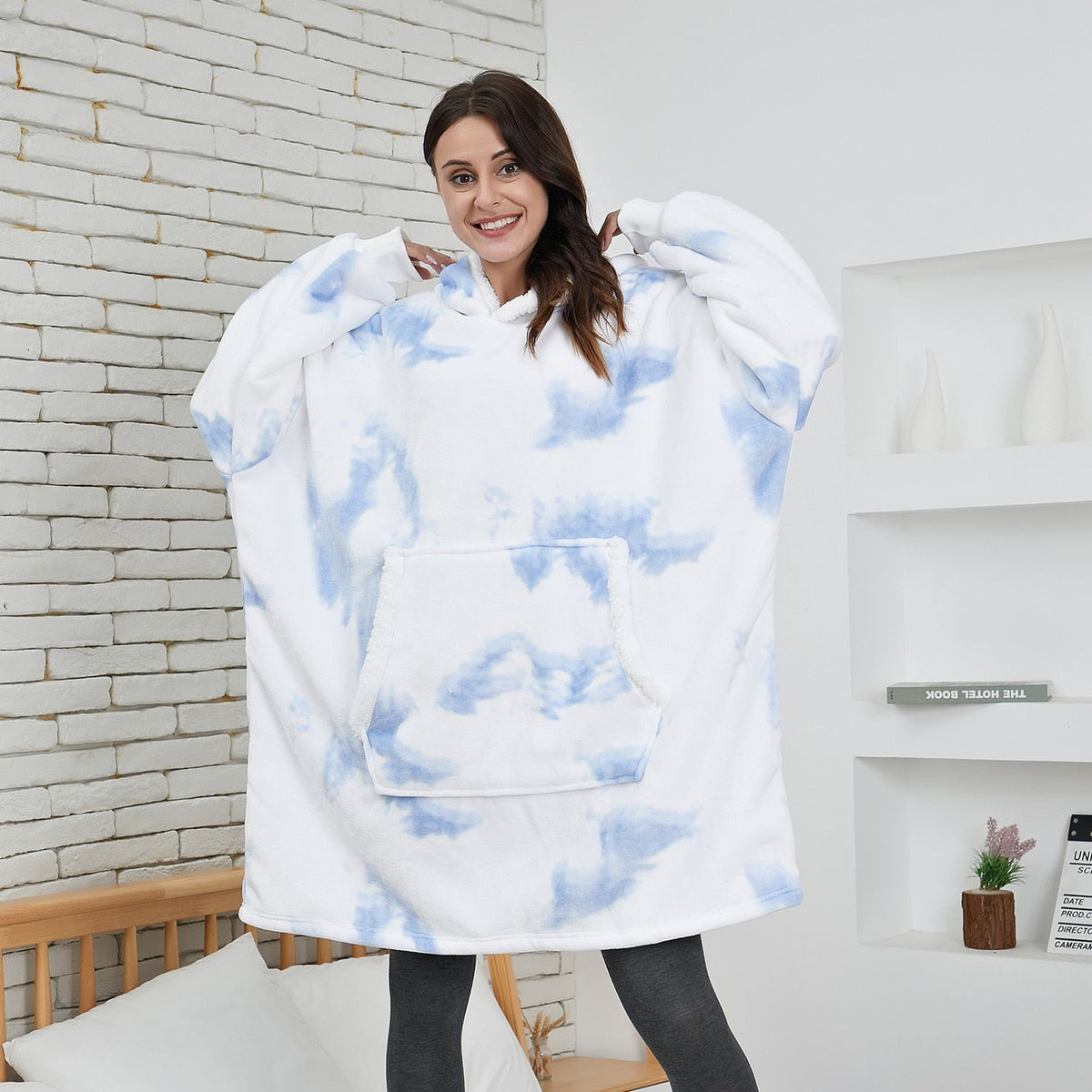 Oversized tie-dye fleece hoodie blanket with hood and kangaroo pocket, light blue clouds