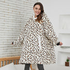 Oversized fleece hoodie blanket with hood and kangaroo pocket, cream leopard spot print