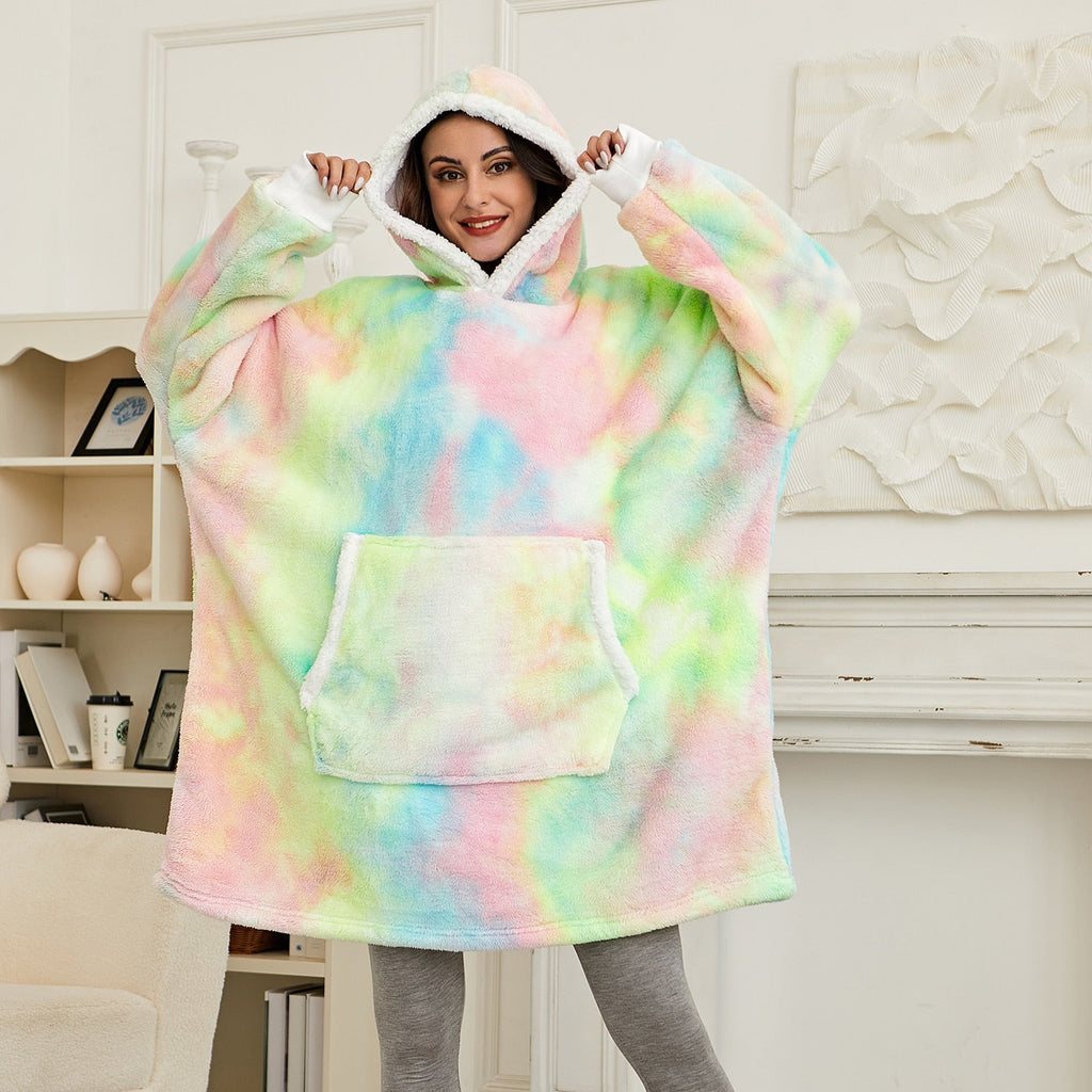 Oversized pastel tie-dye fleece hoodie blanket with hood and kangaroo pocket, rainbow colors