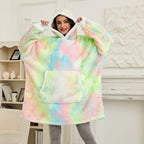 Oversized pastel tie-dye fleece hoodie blanket with hood and kangaroo pocket, rainbow colors