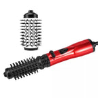 3-in-1 hot air hair brush dryer with red handle and two removable bristle barrels