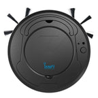 Robot vacuum cleaner with mop, dark gray top view with side brushes and sensor lights.