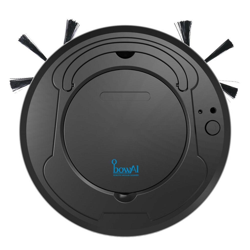 Robot vacuum cleaner with mop, dark gray top view with side brushes and sensor lights.