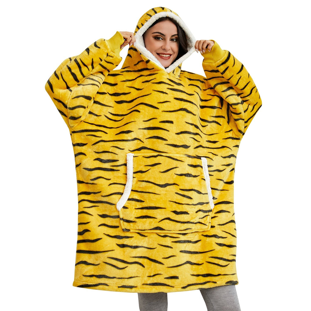 Yellow tiger-stripe wearable blanket hoodie with hood and front kangaroo pocket