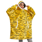 Yellow tiger-stripe wearable blanket hoodie with hood and front kangaroo pocket