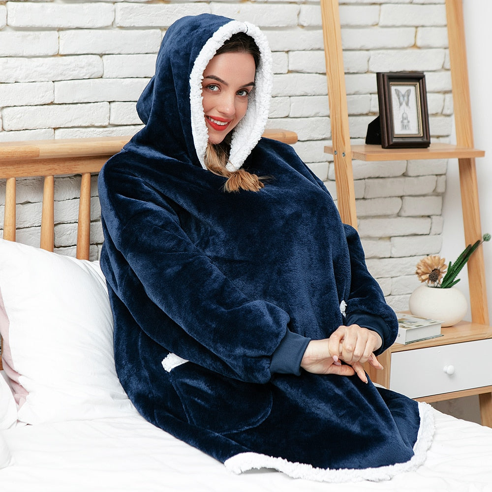 Navy wearable blanket hoodie with hood and kangaroo pocket, white sherpa trim