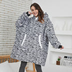 Zebra-print oversized hoodie blanket with hood and front kangaroo pocket