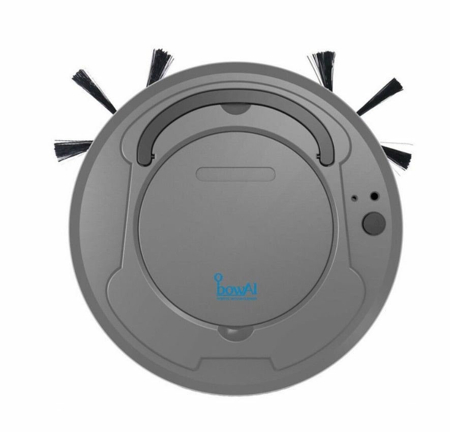 Robot vacuum cleaner with mop, light gray top view with side brushes and circular control panel.