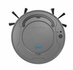 Robot vacuum cleaner with mop, light gray top view with side brushes and circular control panel.