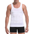 Men's compression tank undershirt, white sleeveless; front view