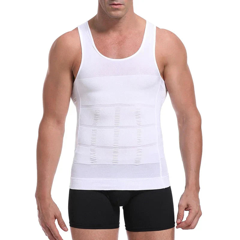 Men's compression tank undershirt, white sleeveless; front view
