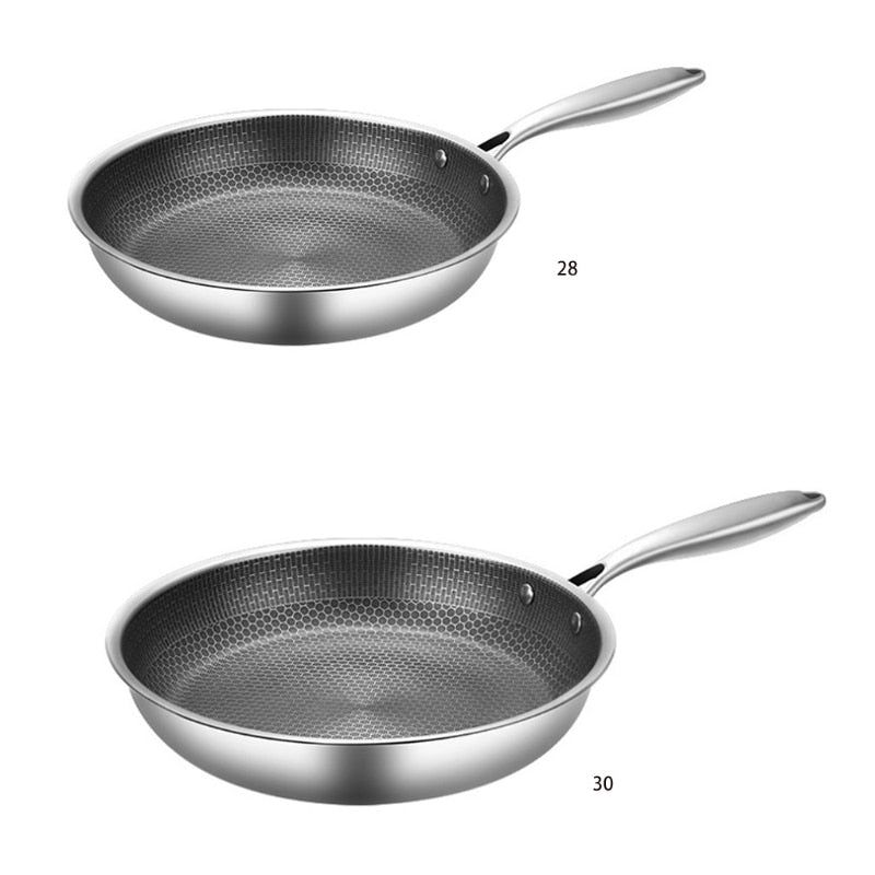 Set of two non-stick frying pans showing dark honeycomb interior and silver handles