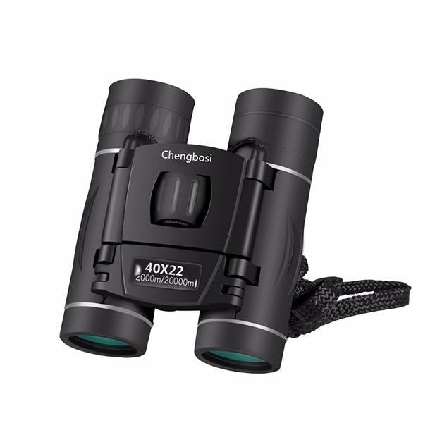 Black compact binoculars with Chengbos label, 40X22 eyepieces and attached wrist strap