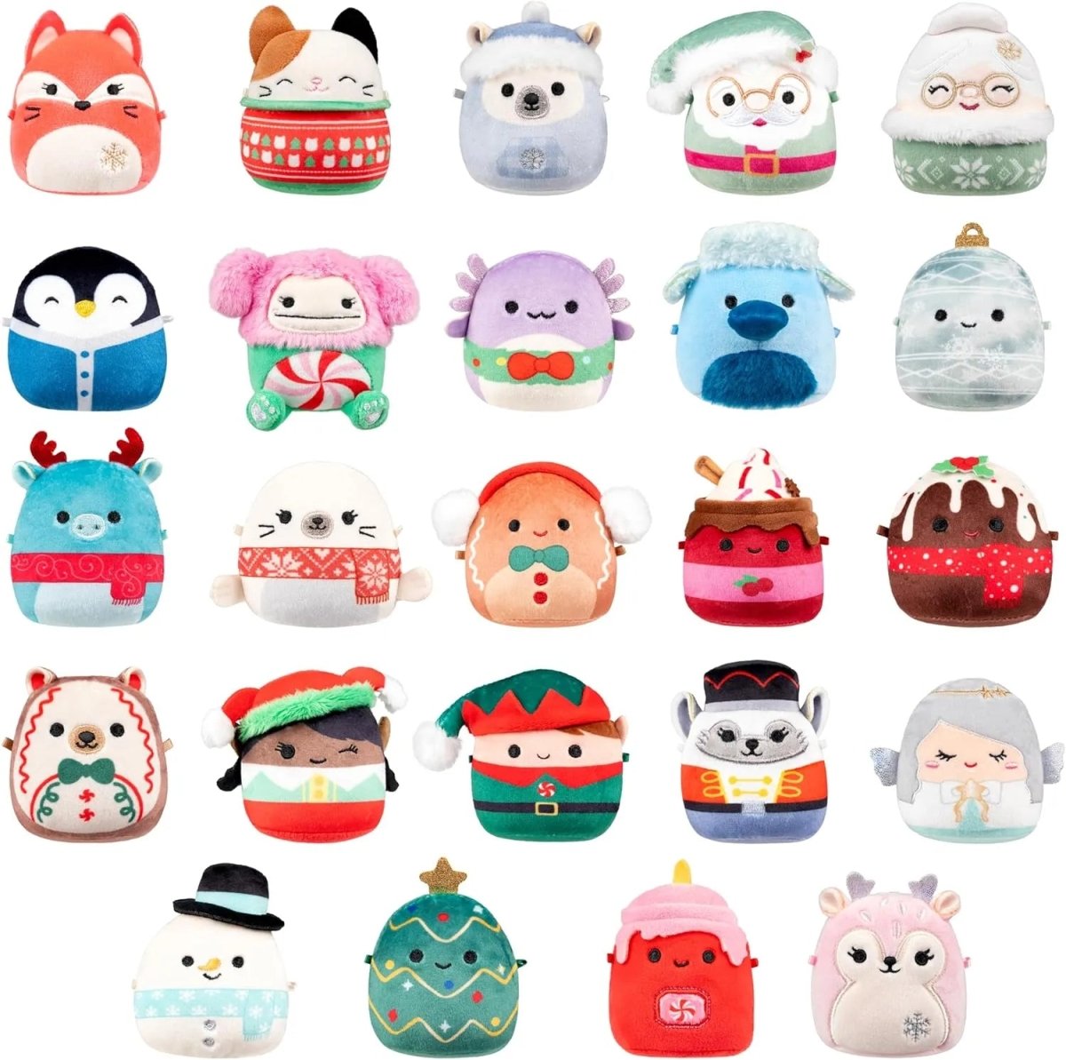 Set of mini marshmallow-style plush collectible figures with winter animal and holiday faces