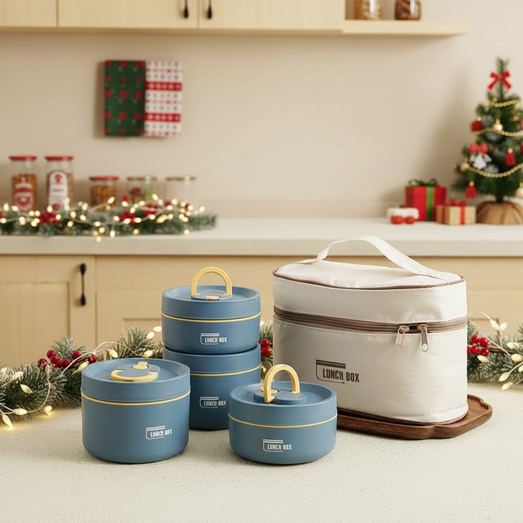 Insulated lunch box set in blue with carry bag and stackable containers