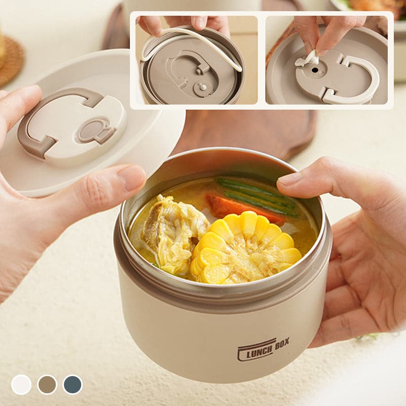 Double-walled lunch box with open lid, showing creamy meal inside a stainless container