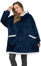 Navy oversized wearable blanket hoodie with sherpa trim, hood and kangaroo pockets