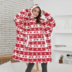 Oversized fleece hoodie blanket with hood and kangaroo pocket, red-and-white reindeer motif