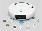 Robot vacuum cleaner with mop, white top with front grille and water spray cleaning airflow.