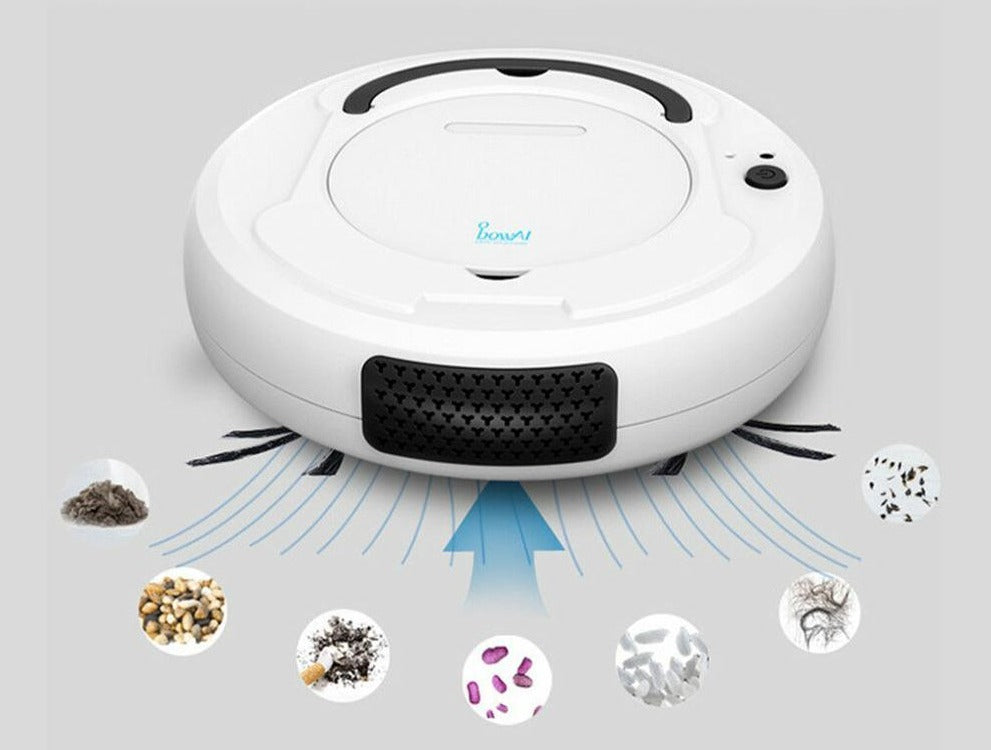 Robot vacuum cleaner with mop, white top with front grille and water spray cleaning airflow.